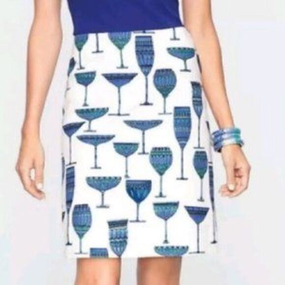 Talbots Petites Blue + White + Green Challis Wine Glass Design A Line Skirt 2P - Picture 1 of 5